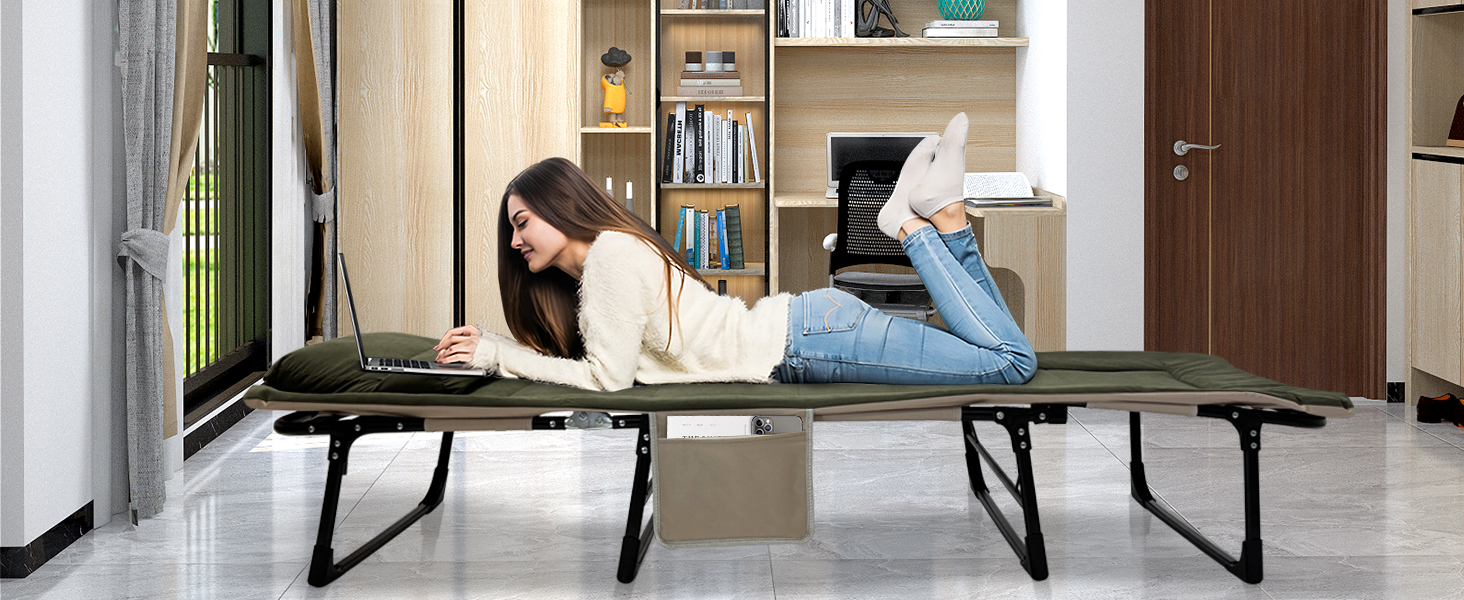 Розкладне кемпінгове ліжко XXL — Широка складана койка-розкладачка з регульованою спинкою для відпочинку, риболовлі та саду, зелена