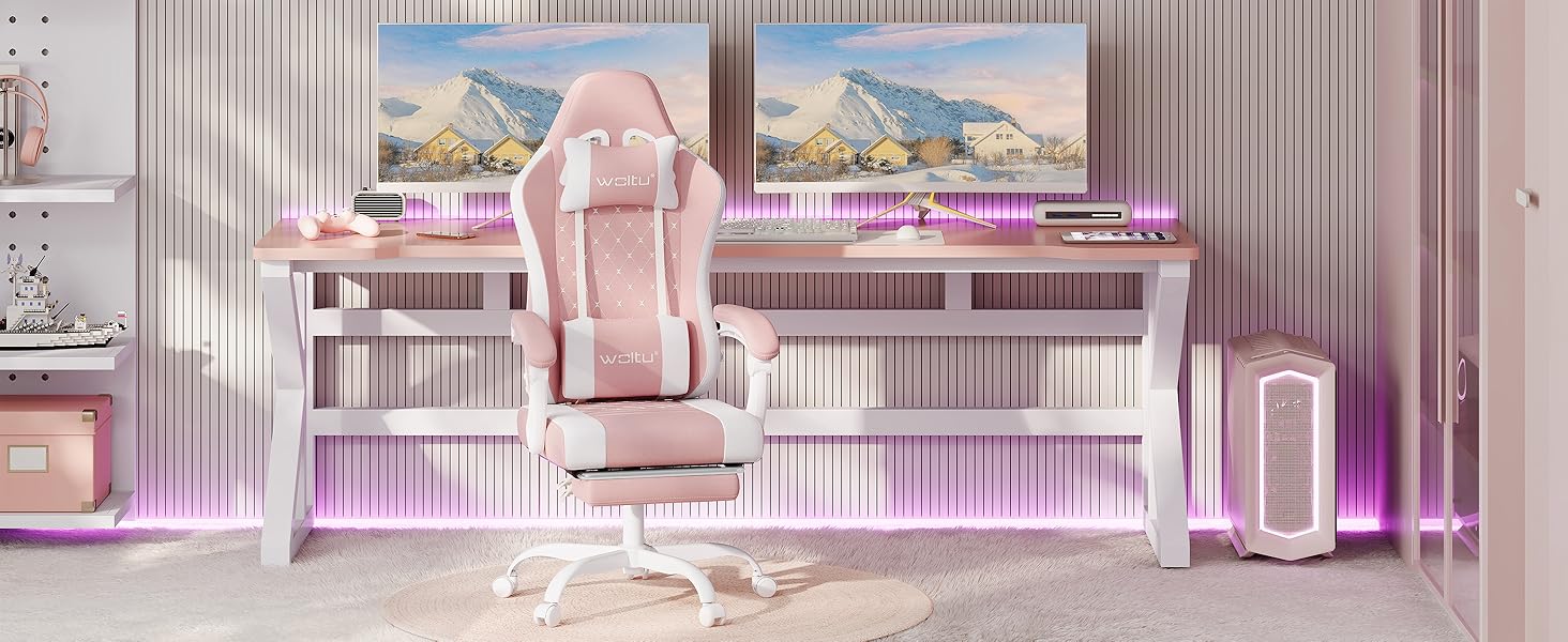 Ігровий крісло WOLTU з масажем, комп'ютерне ергономічне крісло, кишенькові пружинні подушки, масаж попереку, підголовник, підніжка, поворотне крісло, 150 кг, сітчаста тканина, Рожевий+Білий