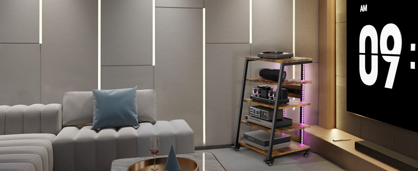 Стеллаж для Hi-Fi апаратури з коліщатками, стіл для програвачів з розетками, LED-підсвічуванням та регульованими полицями. Металевий стійка для аудіо- та стереосистем, 60 x 52 x 110 см