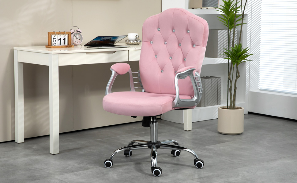Крісло для офісу Vinsetto з велюровою оббивкою, комп'ютерне крісло з кнопками та виразною спинкою, поворотні колеса, регульована висота та нахил (рожеве)