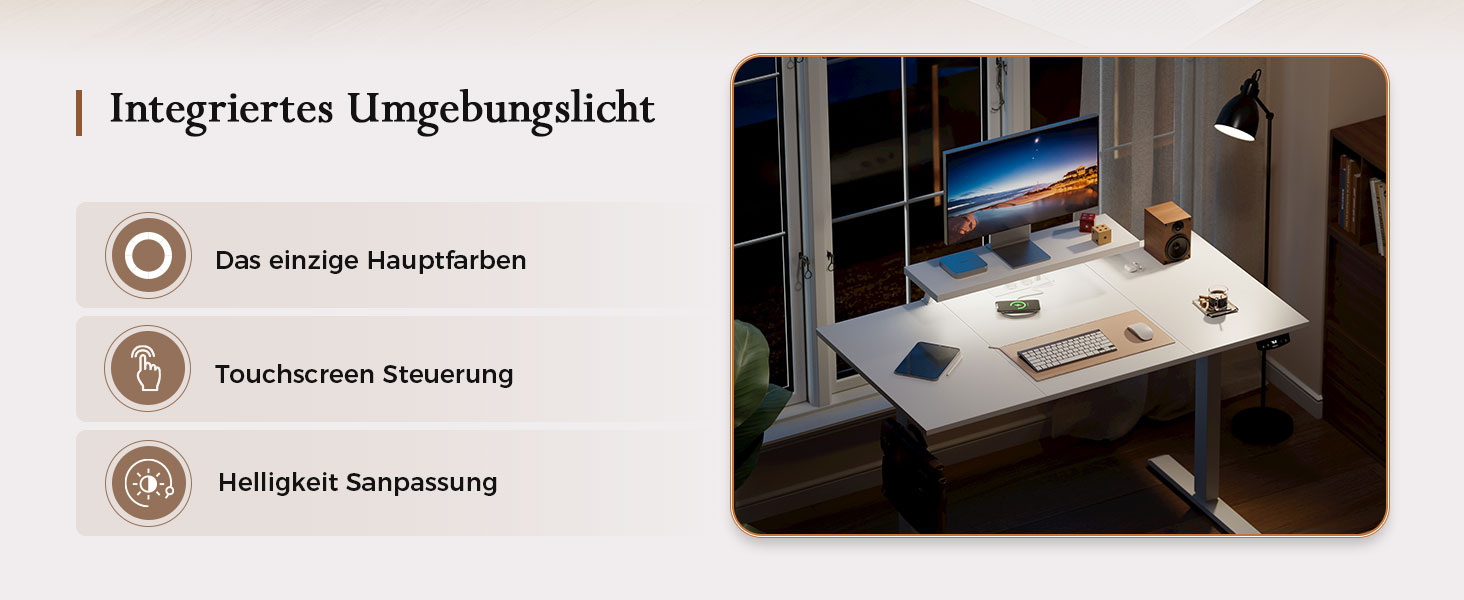 Регульований по висоті письмовий стіл Klicelor 140x60 см з LED-підсвіткою, розетками та підставкою для монітора, білий — ігровий та офісний стіл для роботи стоячи