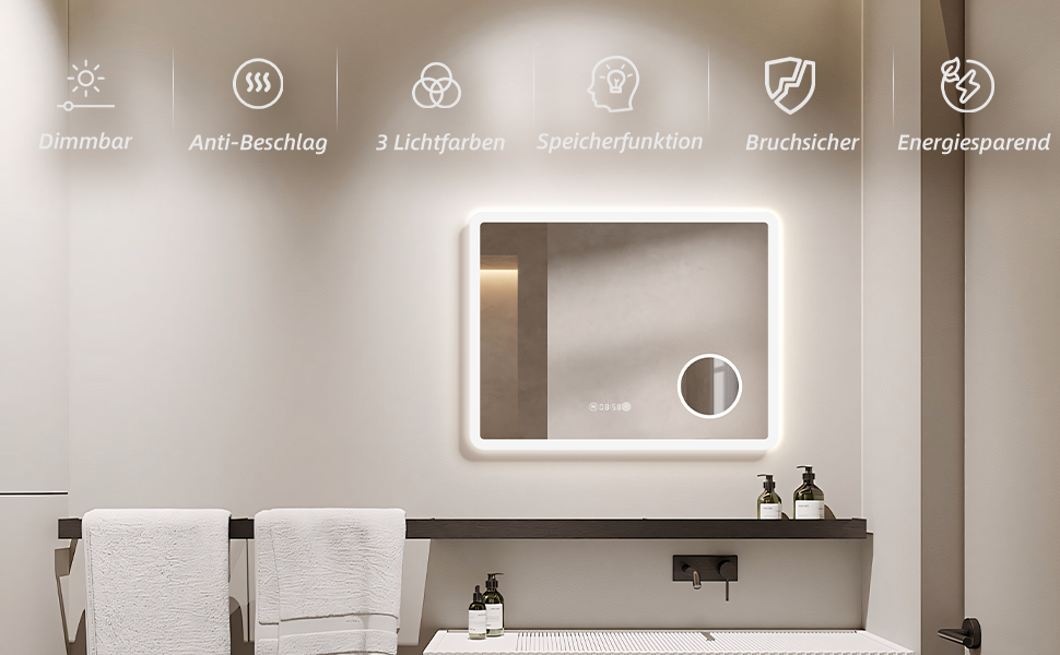 Дзеркало для ванної кімнати HySail з підсвічуванням, 5 мм, високоякісний срібний дзеркало, 3 колірні температури та регульована яскравість, настінне дзеркало з сенсорним перемикачем та антизапарюючим покриттям, прямокутне, 100 x 60 см