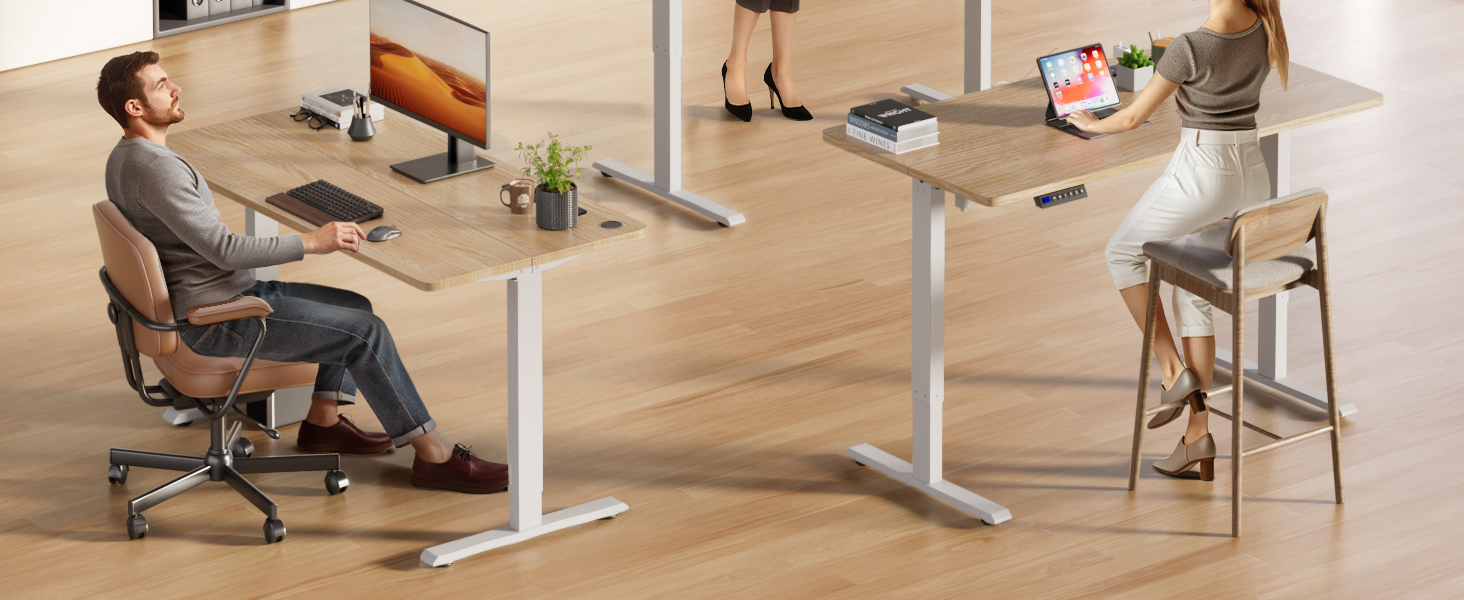 Регульований стіл з підняттям, USB-зарядкою та розеткою, 100 x 60 см. Електричний стіл, регульований комп'ютерний стіл з пам'яттю 3-х функцій, білий (горіх, 100 x 60 см)