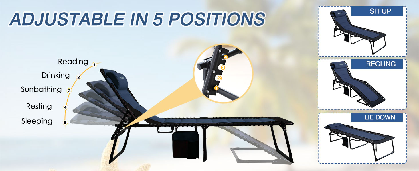 Велике розкладне шезлонге для саду: Outdoor, XXL, 5 положень спинки, до 150 кг, з подушкою та кишенею, 200x68 см, сірий
