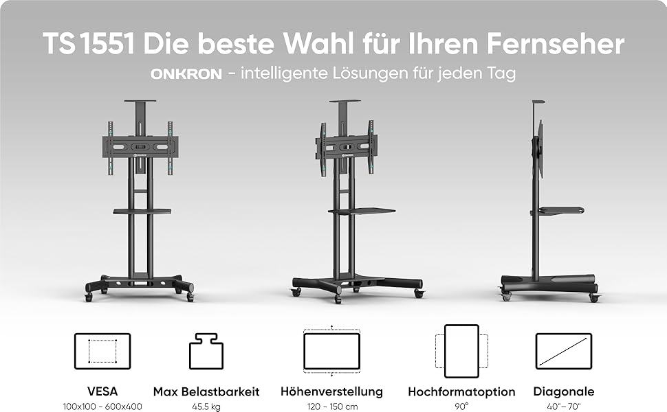 Тумба під телевізор ONKRON рулонна 40-70 дюймів, 45,5 кг, регульована по висоті, макс 600x400 VESA, Black TS1551-B