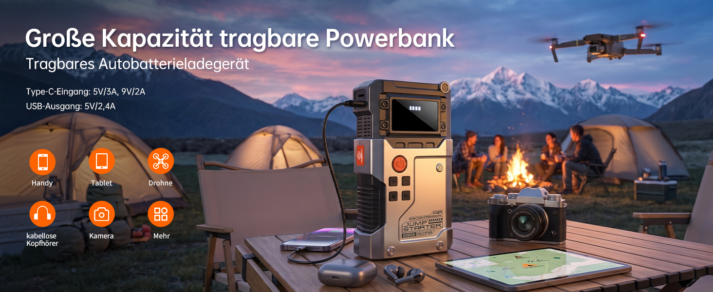 Бустер для автомобіля Starthilfe Powerbank 6000A — Пусковий пристрій для всіх типів авто, чорно-сірий
