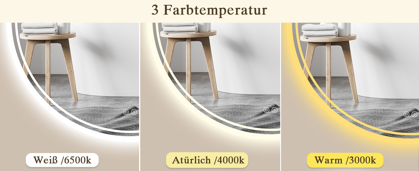 Дзеркало для ванної кімнати з підсвічуванням LED, кругле 50см, сенсорне керування, регулювання яскравості, функція пам'яті, дзеркало з HD склом, захист від вибуху, антизапотівальне покриття, 3 кольори світла, 70x70 см
