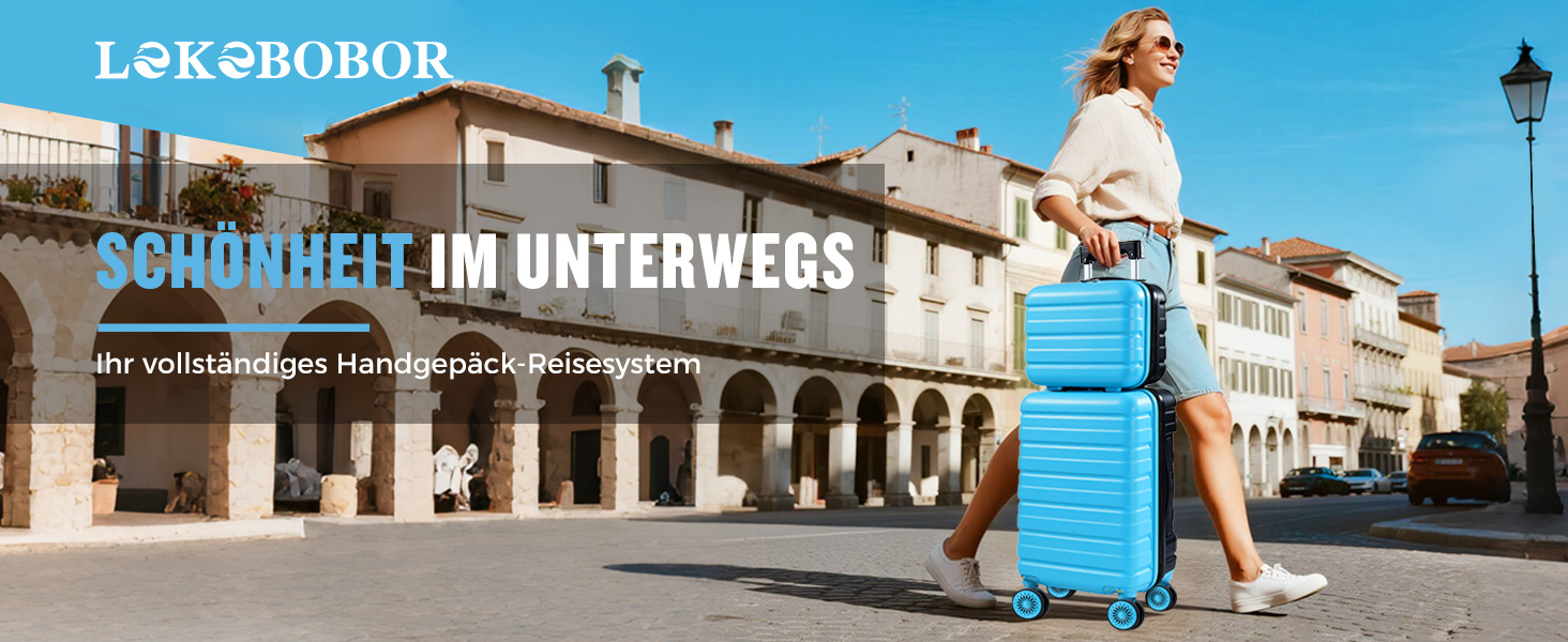 Чемодан ручної об'єм Lekebobor 2 шт. 45x36x20 см (EasyJet) з TSA-замком та колесами, блакитний. Набір валіз, дорожній набір, валіза-ролер.