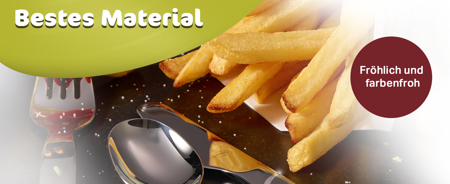 Набір дитячого посуду RÖSLE Kinderbesteck – 4 предмети з нержавіючої сталі 18/10, для дітей від 3 років, безпечний, можна мити в посудомийній машині, чудовий подарунок на хрещення, дизайн 'Маленький робот'