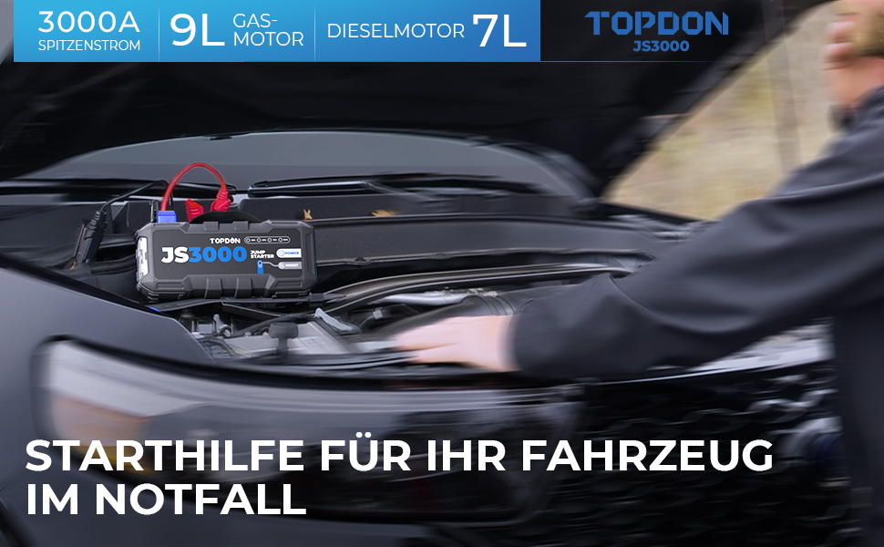 Powerbank TOPDON JS3000 для запуску авто: 12V, 3000A, 24000mAh, для бензинових та дизельних двигунів до 9.0L та 7.0L відповідно