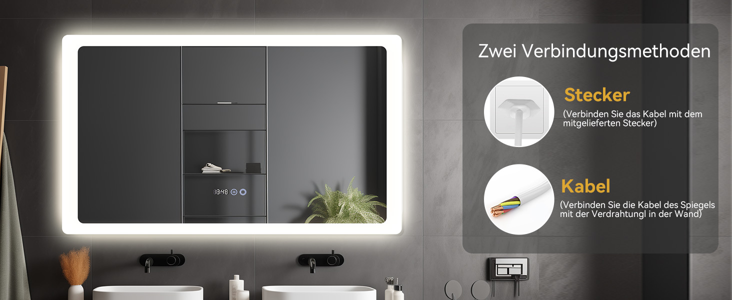 Дзеркало для ванної кімнати YOURLITE з LED-підсвічуванням 100x60 см, сенсорне управління, годинник, антизапотівання, 3 кольори світла, регулювання яскравості, функція пам'яті, білий - 60100