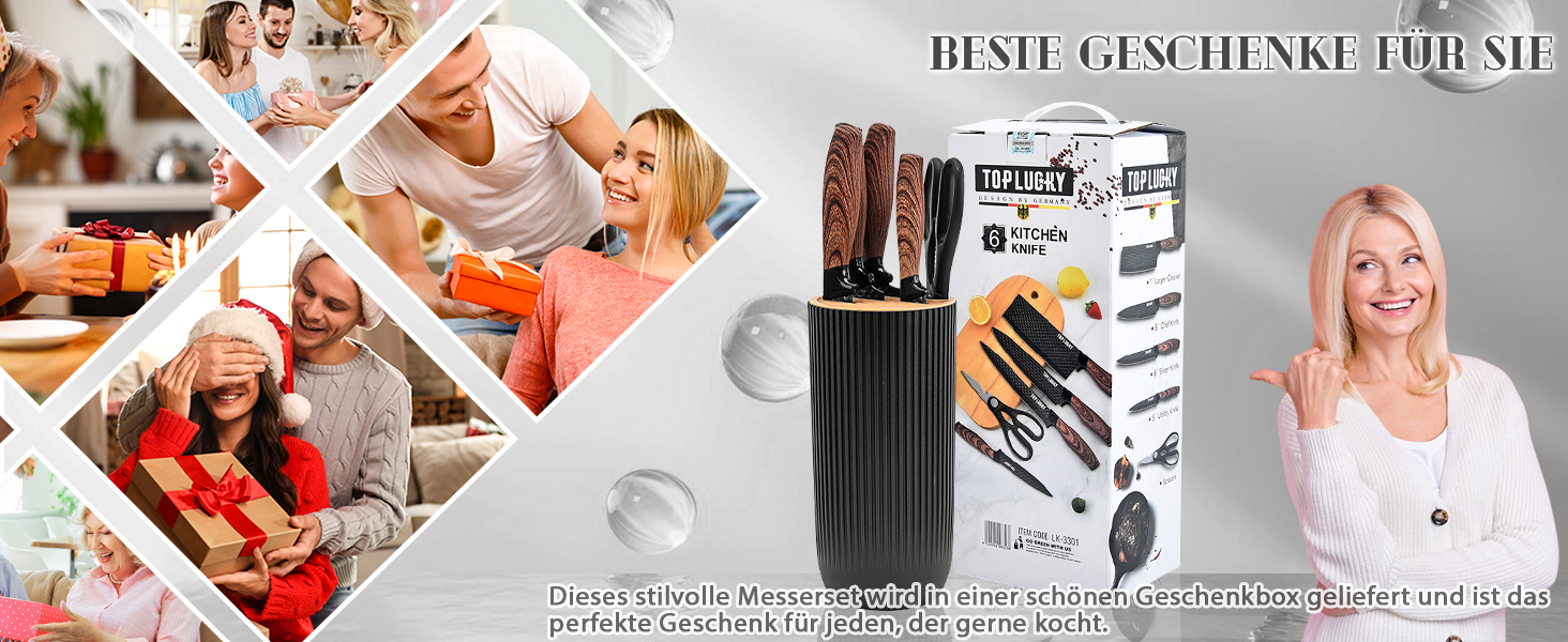 Набір кухонних ножів, 6 предметів, чорний, гострий, з антипригарним покриттям, нержавіюча сталь, з підставкою (Khaki)