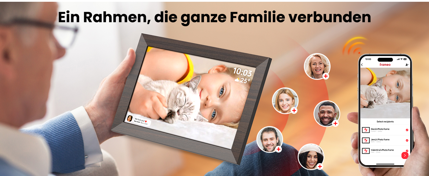 Frameo Цифровий фоторамка WiFi, 10.1 дюйма, HD IPS сенсорний екран, 32 ГБ пам'яті, автоматичне обертання, хмарна підтримка, віддалене завантаження фото та відео
