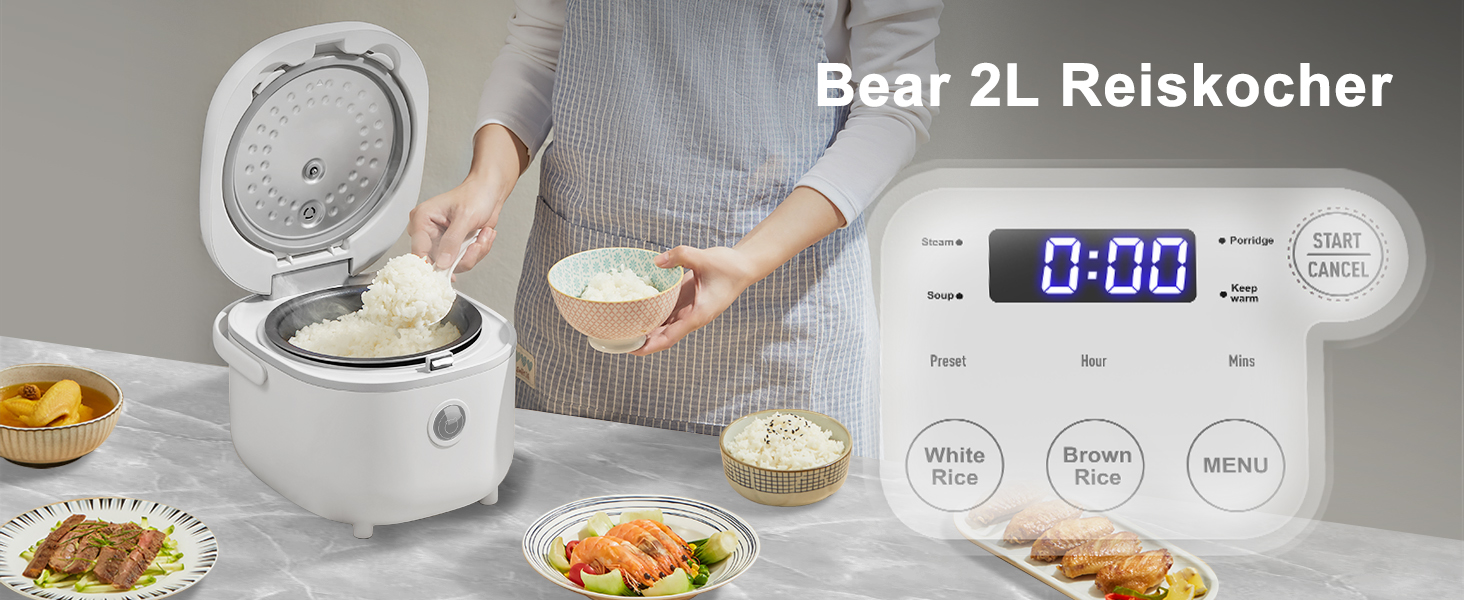 Рисварка електрична Bear 2л, 350W, 6 програм, на 2-4 особи, біла - для приготування рису та на пару