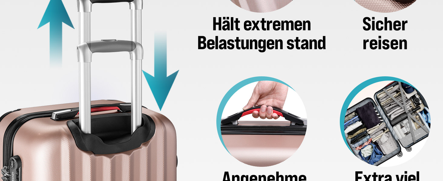 Набір валіз Monzana® 4шт з косметичкою, колір рожевий - M, L, XL - з замком, органайзером та вагами. З гелевими ручками, подвійними колесами, ніжками, телескопічною ручкою, валіза-троль, валіза з жорстким корпусом, багажний набір