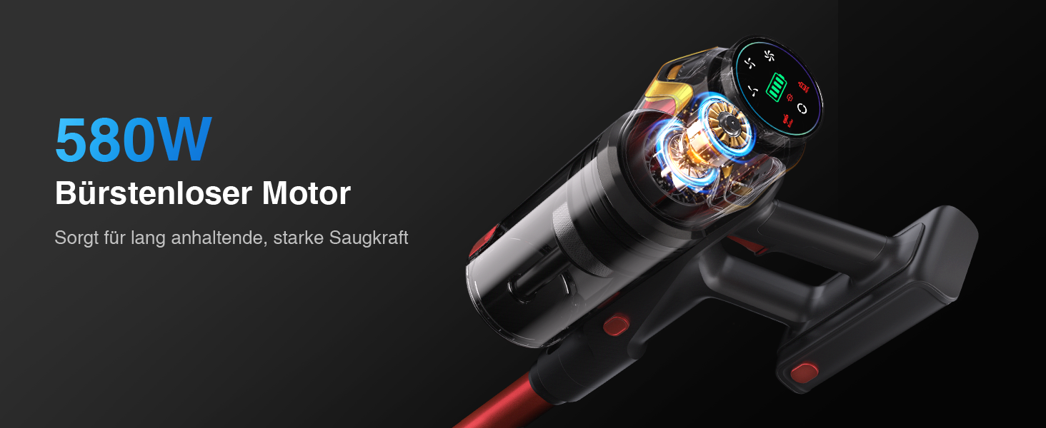 Бездротовий акумуляторний пилосос 45000Pa/550W/65хв, об'єм 1,6л з дисплеєм, антизаплутана щітка, самостійна підставка, док-станція на стіну, 8-шарова фільтрація, тиха робота, для шерсті тварин/килимів/твердих поверхонь/автомобіля (Червоний)