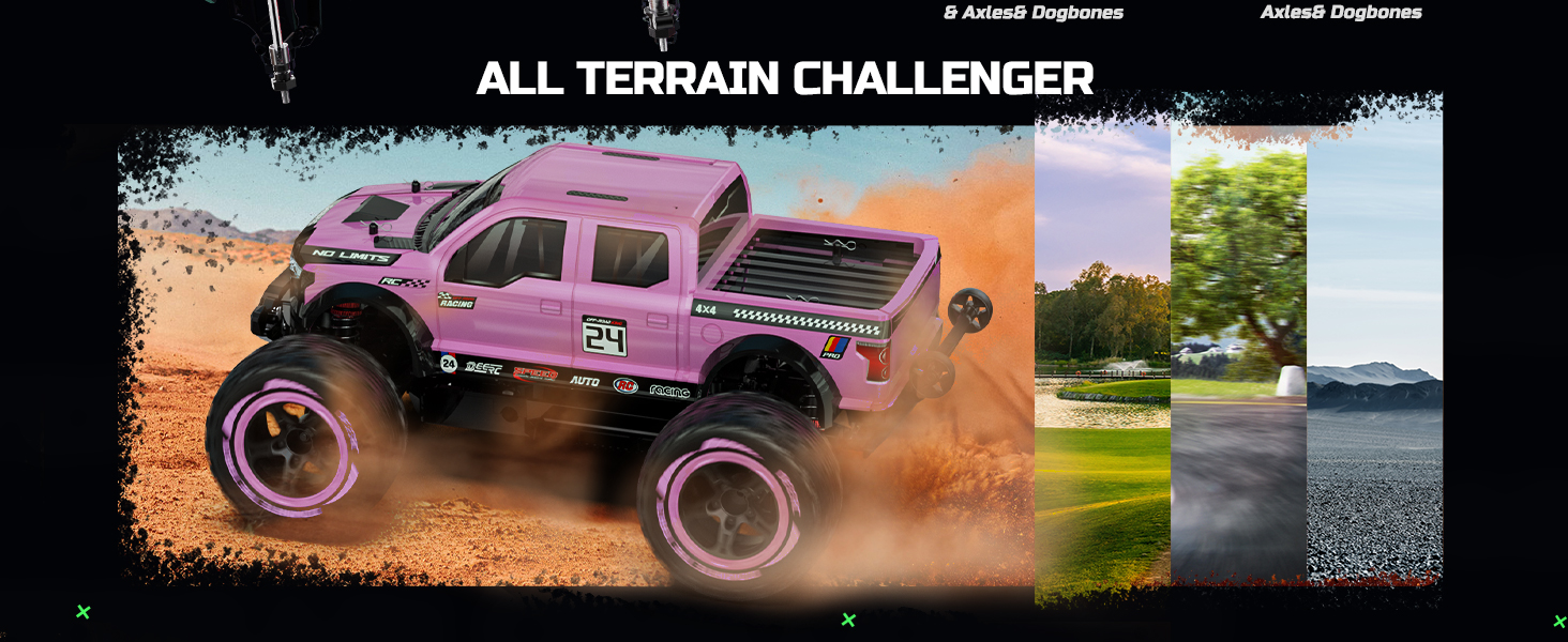 Радіокерований позашляховик DEERC 1:10 4WD 48+ км/год, Monstertruck для дорослих та дітей, рожевий, з 2 акумуляторами