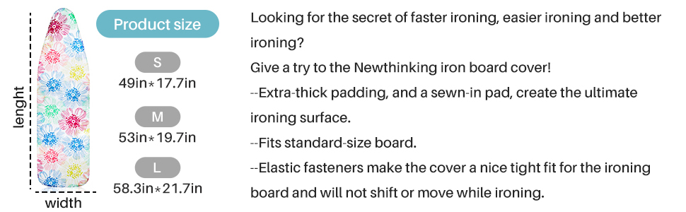 Чохол для прасувальної дошки Newthink, еластичний край, стійка до подряпин підкладка, чохли для прасувальної дошки, підходить для прасувальної дошки 122 x 38 c, включаючи 4 застібки та захисну сітчасту тканину (L)