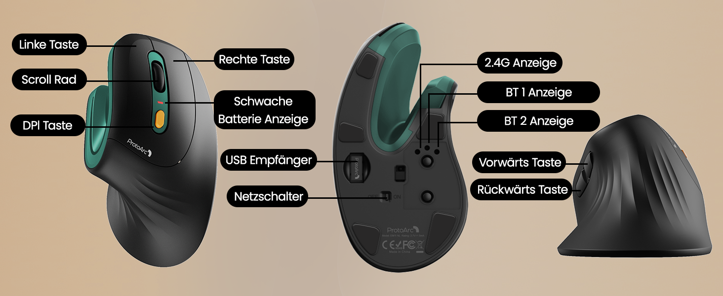 ProtoArc EM11 NL Вертикальна миша, бездротова, для ПК, iPad, Mac, Windows - чорно-зелена