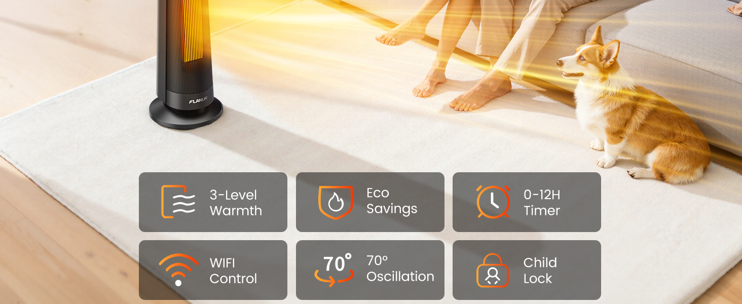 Електричний обігрівач PTC 2000W з керамічним нагрівачем, тихий, з термостатом та пультом дистанційного керування, ECO режим, 70° осциляція, 12h таймер, захист від перегріву та перекидання, чорний, 1 шт.