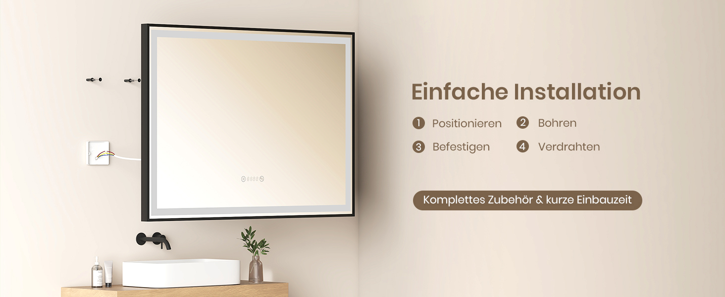 Дзеркало для ванної кімнати EMKE з підсвіткою 70x50 см, чорне, з сенсорним керуванням, регулюванням яскравості, протитуманним покриттям, годинником, функцією пам'яті та нейтральним світлом 4300K, енергозберігаюче, вологостійке (IP44)