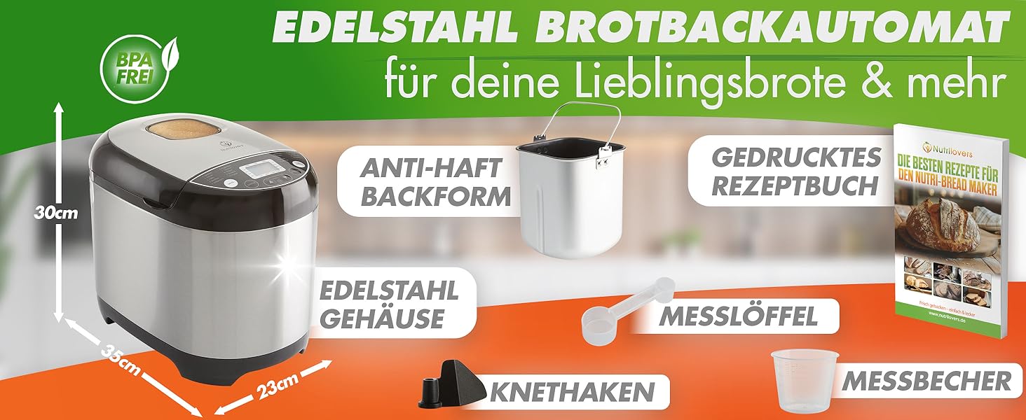 Nutrilovers Brotbackautomat з нержавіючої сталі: 19 програм, 3 розміри хліба, таймер, рецепти