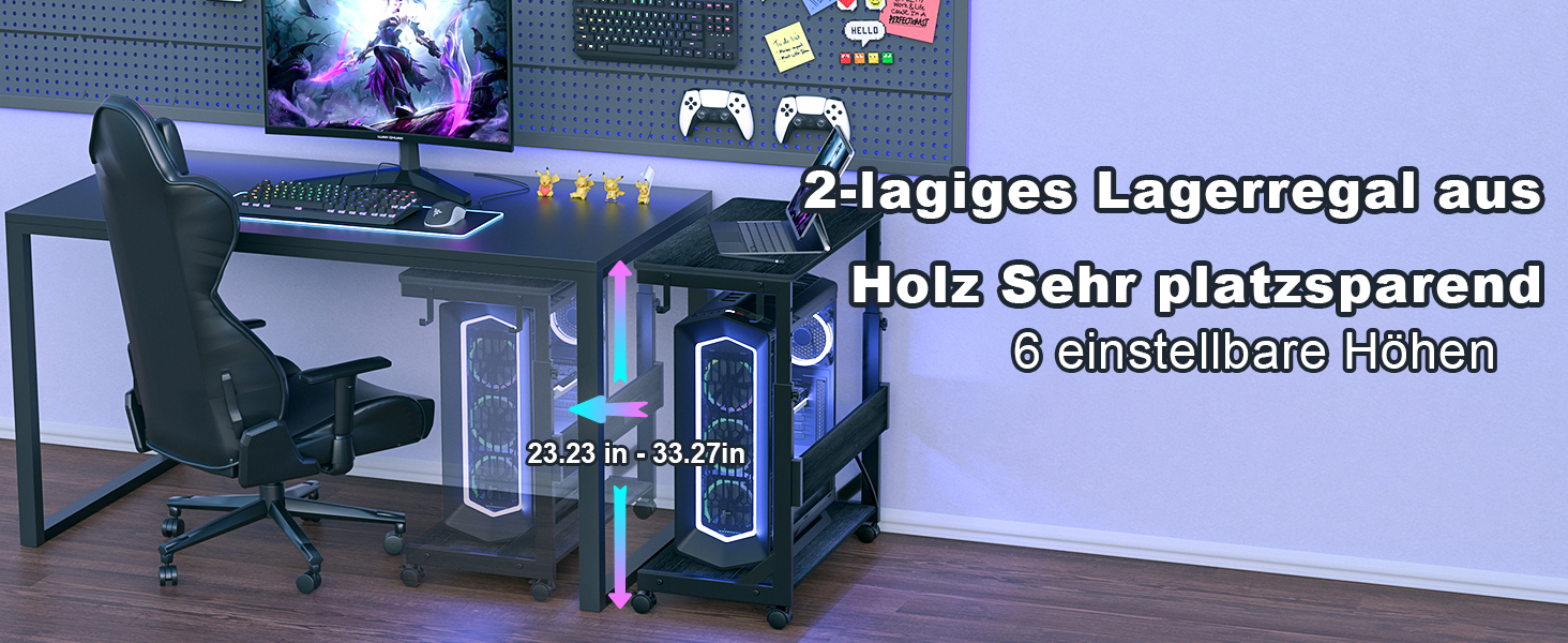 Регульований стійка для комп'ютера Tower, чорний, 64 x 34 x 59-84.5 см, з ATX корпусом та місцем для зберігання