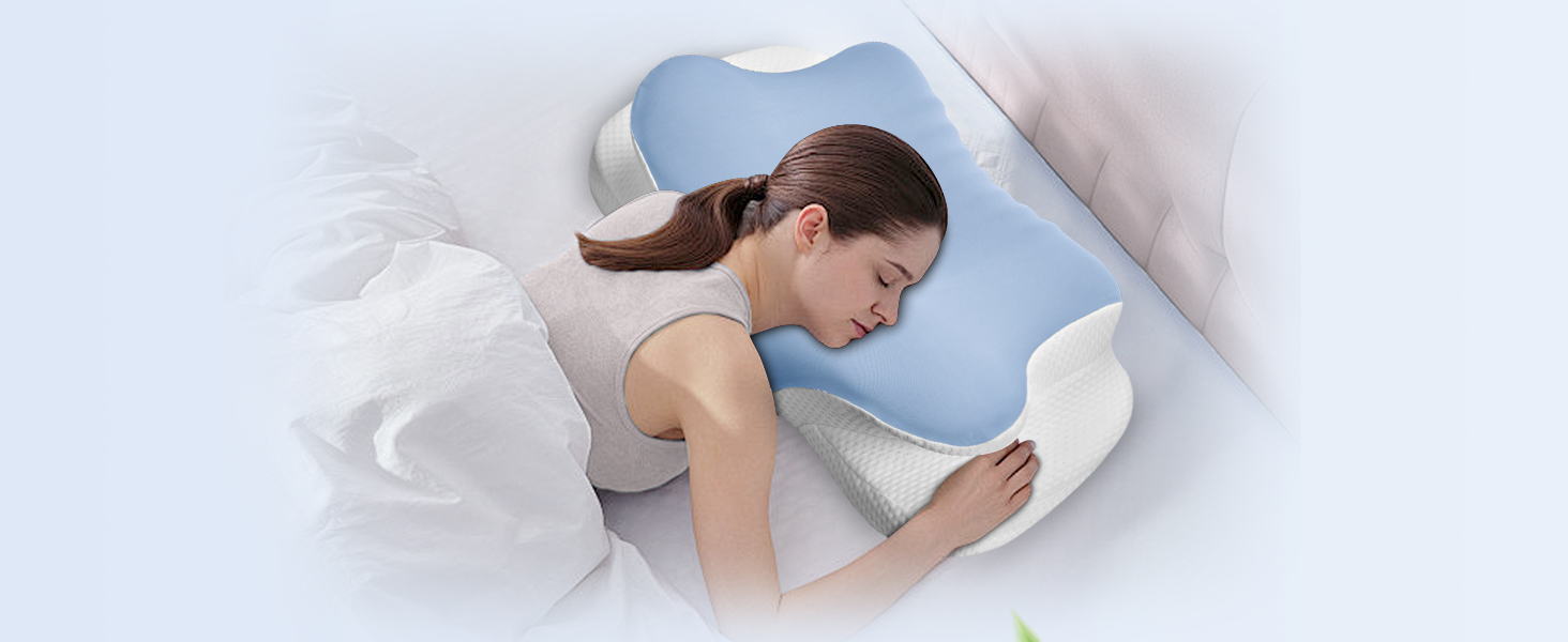 Подушка для шиї з піною з пам'яті, дихаюча, ергономічна, 65x37x10/12 см (Блакитна)