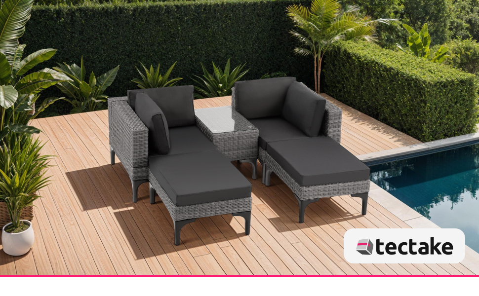 Тектейк® Садовий лаунж з ротангу, набір меблів для саду на 5 місць, модульний, з кутовим кріслом, пуфом, столиком, сірий, з подушками для сидіння та спинки