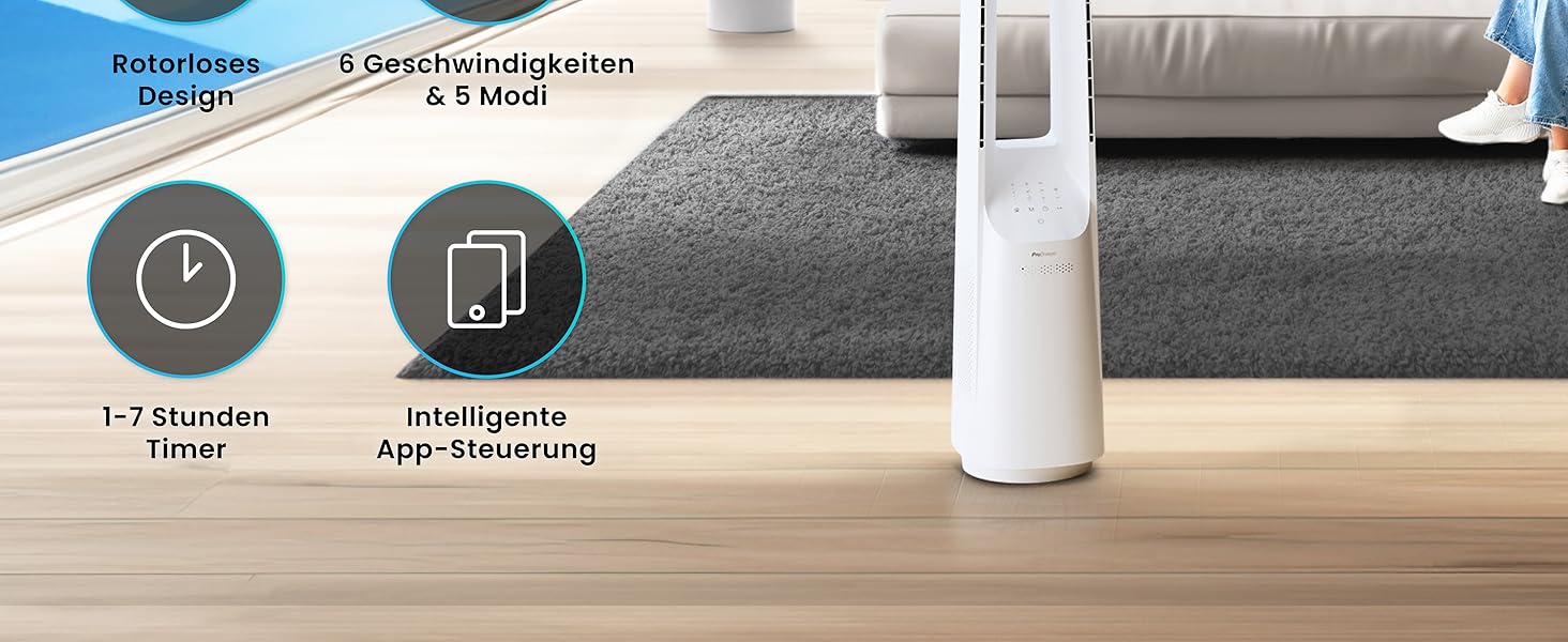 Вентилятор без лопатей Pro Breeze 101 см з LED дисплеєм, 6 швидкостей, 5 режимів, авто-коливання 60°, таймер 7 годин, управління через додаток та пульт, білий