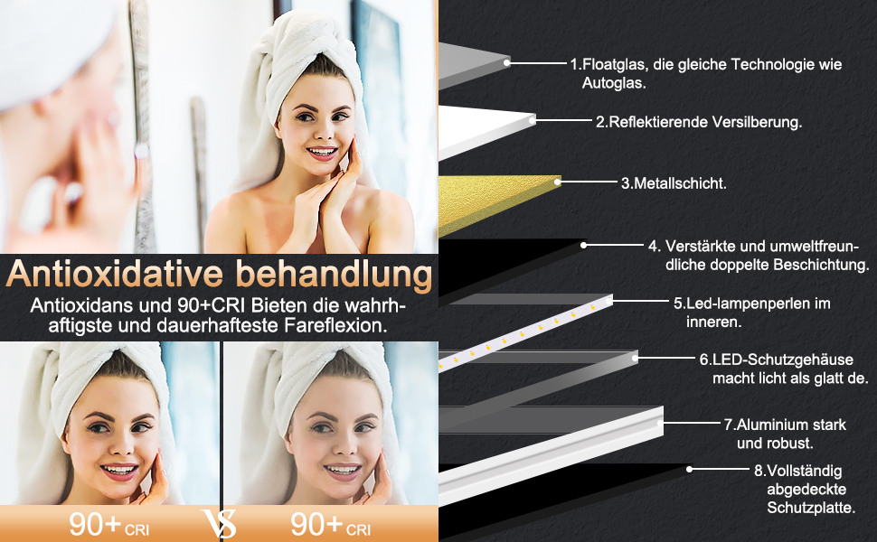 Дзеркало для ванної кімнати зі світлодіодним підсвічуванням 50x70 см, з сенсорним вимикачем, срібне