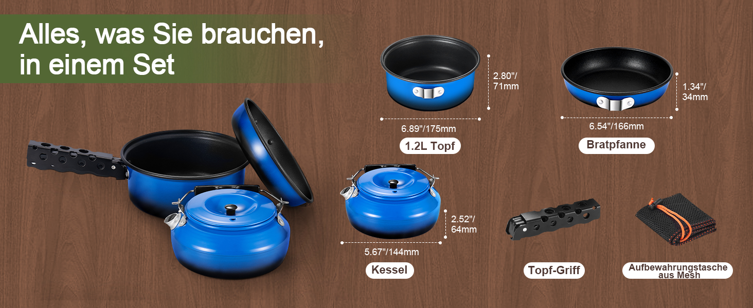 Набір посуду для кемпінгу Odoland 5шт: каструля, сковорода, чайник з знімним ручками. Ідеально для пікніків, походів та кемпінгу. Зелений антипригарний набір посуду.