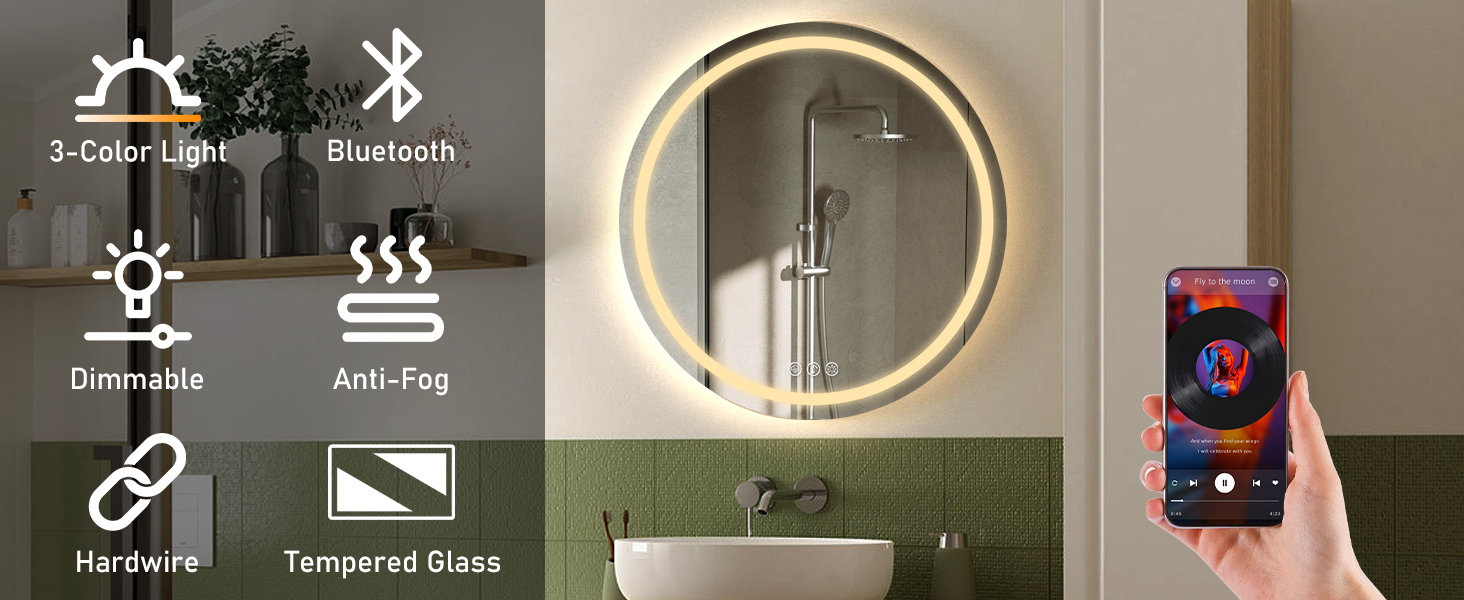 Дзеркало для ванної кімнати з підсвічуванням, 60 см, кругле, з антизапарюванням, регульоване, 3 кольори світла (80x80 см, Bluetooth, антизапар, диммування, 3 кольори)