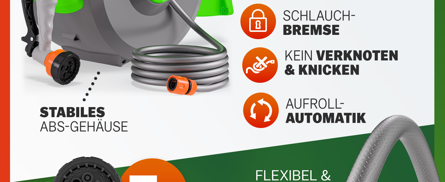 Шланговий барабан Gardebruk® 20м + 2м з кріпленням для стіни, 1/2', для саду, багатофункціональна ручна лійка, система подачі та намотування шланга