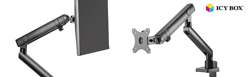 Кріплення для монітора ICY BOX IB-MS313-T: підходить для моніторів до 32 дюймів (до 8 кг), VESA 75x75/100x100, сталевий, регульований, для кріплення на стіл