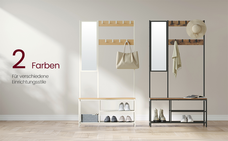 Дзеркало-вішалка VASAGLE HSR415B01 з банкеткою та полицею для взуття, 35 x 98 x 180 см, індустріальний дизайн, вінтажний колір