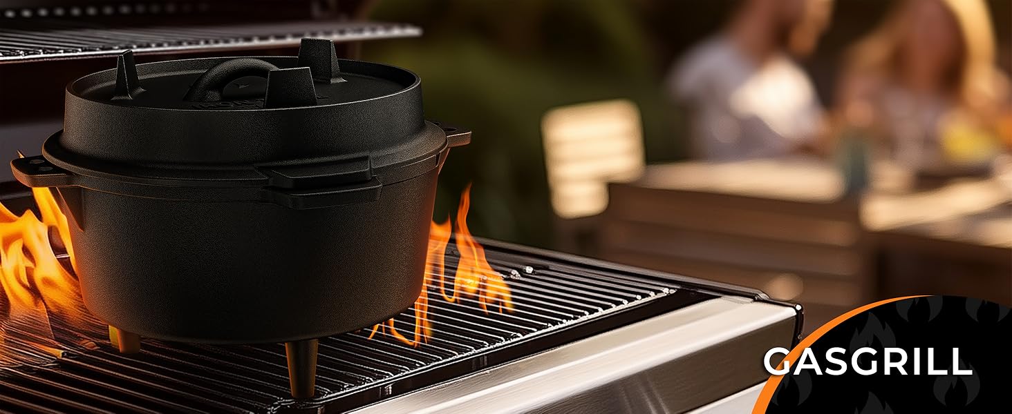 Чавунний казан Dutch Oven 9л з ніжками та знімачем кришки, набір для приготування їжі на відкритому вогні (на 6-10 осіб)