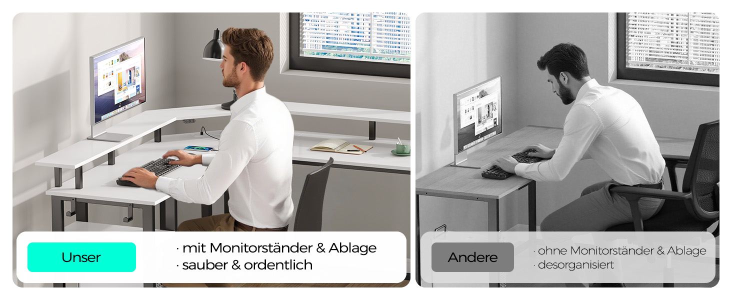 Комп'ютерний стіл Rolanstar L-подібний з RGB підсвічуванням та розетками, геймінговий стіл з реверсивним кутом, полицею та 2 гачками, для офісу, робочого кабінету, спальні (117см), білий (137 x 72 x 117 см)