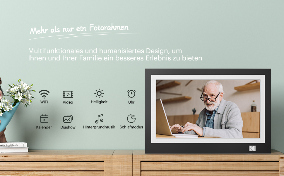Цифровий фоторамка Kodak 10.1 дюйма з IPS-екраном, відтворення фото/музики/відео, USB/SD, календар, будильник, з пультом дистанційного керування, чорний