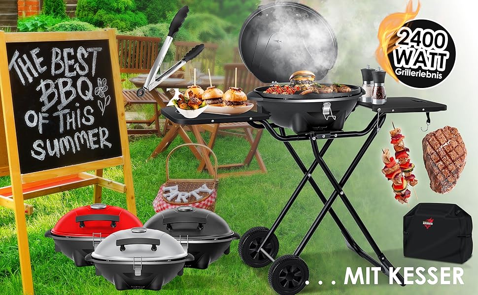 Електричний гриль KESSER® 2в1: настільний та напольний | 2400 Вт | Складаний | з термостатом, антипригарним покриттям та аксесуарами | Чорний