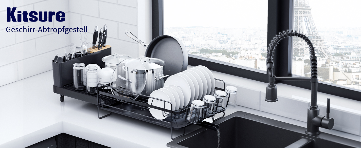 Сушилка для посуду Kitsure, висувна, багатофункціональна, з місцем для столових приборів, 67.8 x 32.7 x 14.9 см, чорна