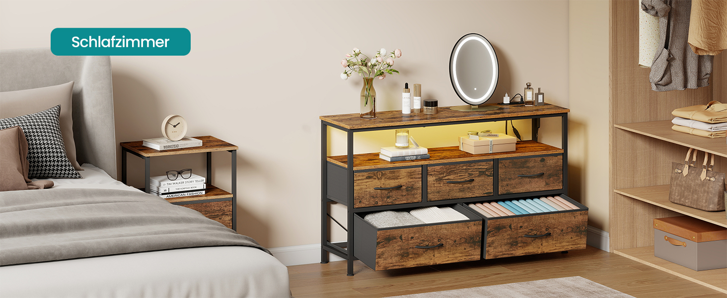 SONGMICS BELLAH: Комод з LED-підсвіткою, тумба з бездроговою зарядкою, 5 шухляд, індустріальний стиль, vintage brown + ink black