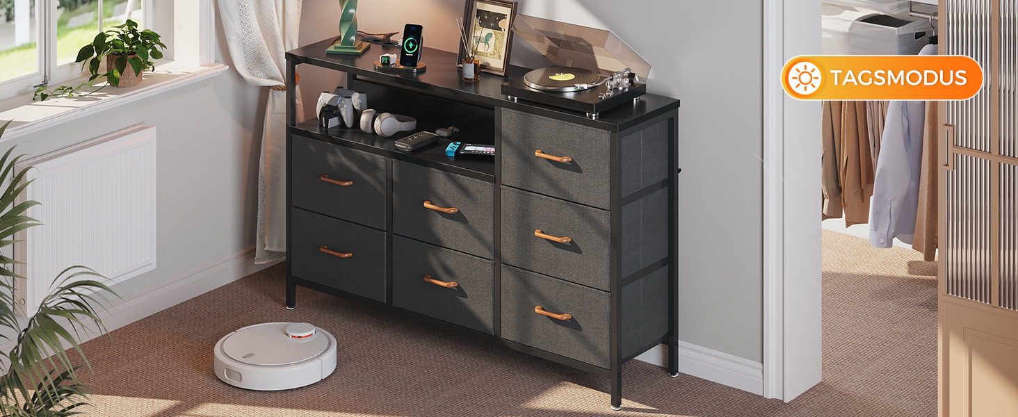 Комод Coleshome з висувними ящиками, світлодіодною підсвіткою, 2 USB та 2 розетки AC, 7 тканинних ящики, для спальні/вітальні, 132*30*89 см, чорний