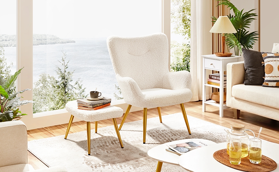 Крісло-мішок Yaheetech з пуфом, біле, з м'якою оббивкою з поліестеру. Крісло для відпочинку, телевізора, коктейлів.