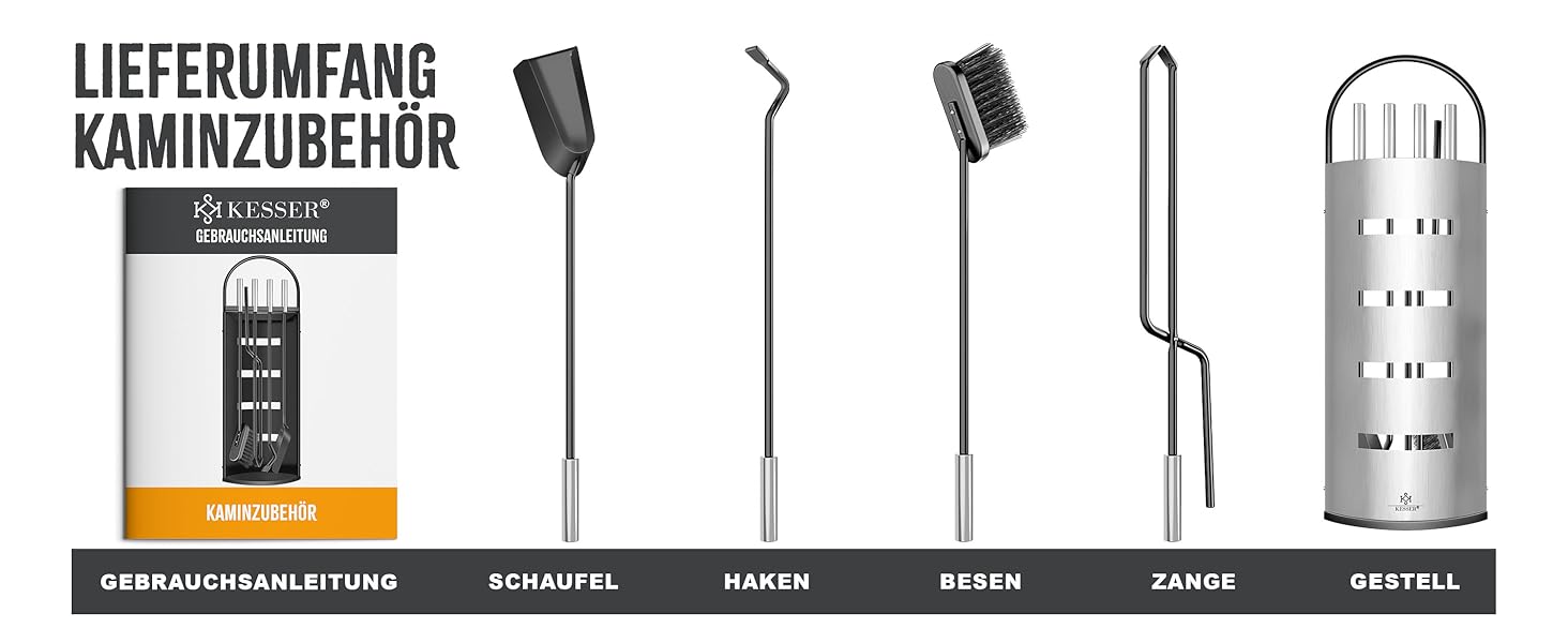 Набір камінне приладдя KESSER® 5 предметів | Сучасний дизайн, з покриттям, високоякісна камінна гарнітура | Besen, Schaufel, Schürhaken, Zange, Ständer mit Sichtschutz Edelstahl (Silver)