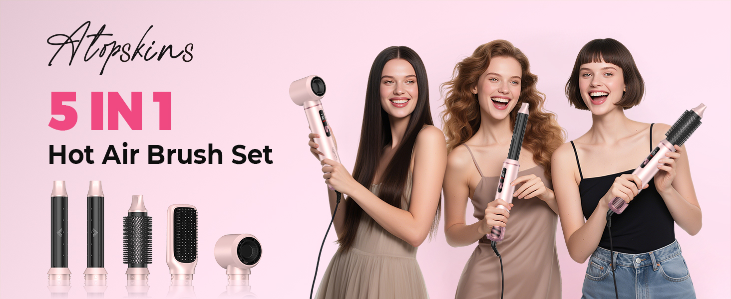 Atopskins Airbrush Haarstyler 5-в-1: Фен-щітка, стайлер для волосся з гарячим повітрям, випрямляч, плойка (Червоний)