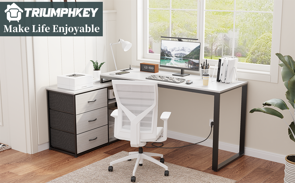 Кутовий письмовий стіл TRIUMPHKEY з 3 висувними ящиками та місцем для зберігання, білий, 140 x 105 x 75 см