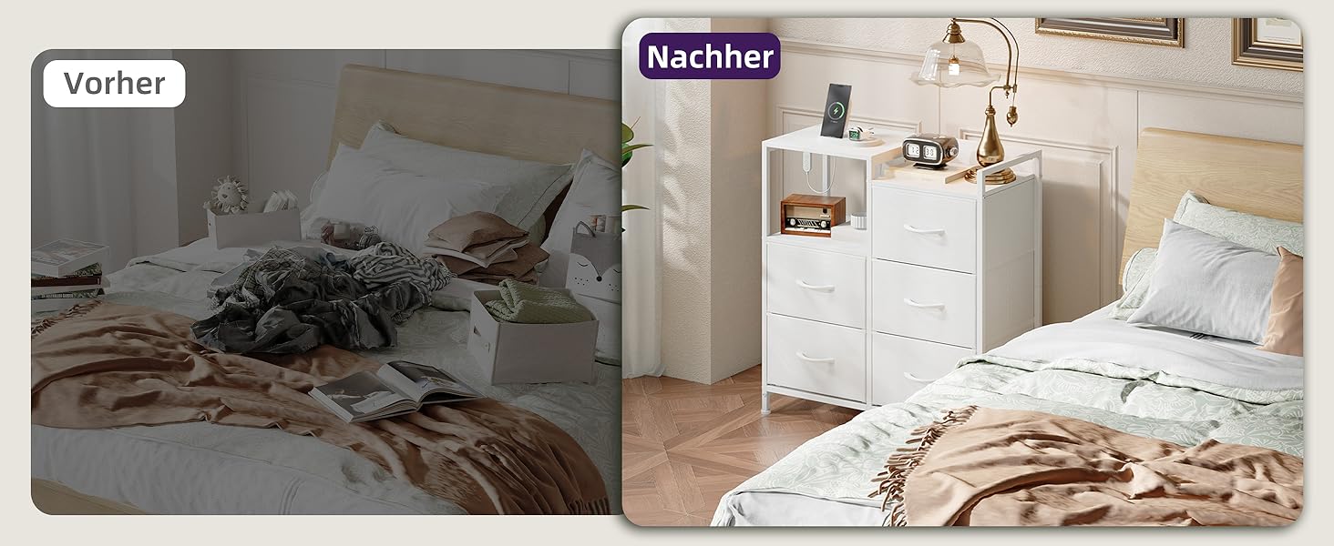 Комод з ящиками для спальні, вітальні, коридору Somdot з LED-підсвіткою та розетками (2 AC, 1 USB, 1 Type-C), 5 тканинних ящиків, білий, 29T x 66,5B x 70,5H см, штучна шкіра