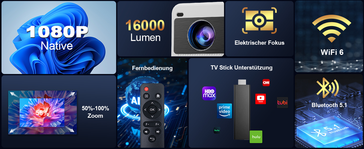 Проектор Smart Beamer WiFi для домашнього кіно, 16000 Люмен Full HD 1080P, електричний фокус, Zoom, Bluetooth, сумісний з iOS/Android/Fire Stick/Laptop/PS5