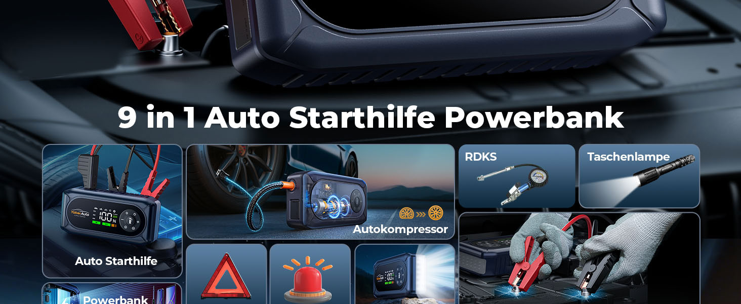 Powerbank для автомобіля YaberAuto AP02 з компресором, 150PSI, 4500A, LED ліхтар 500 люмен, LCD дисплей 3.3